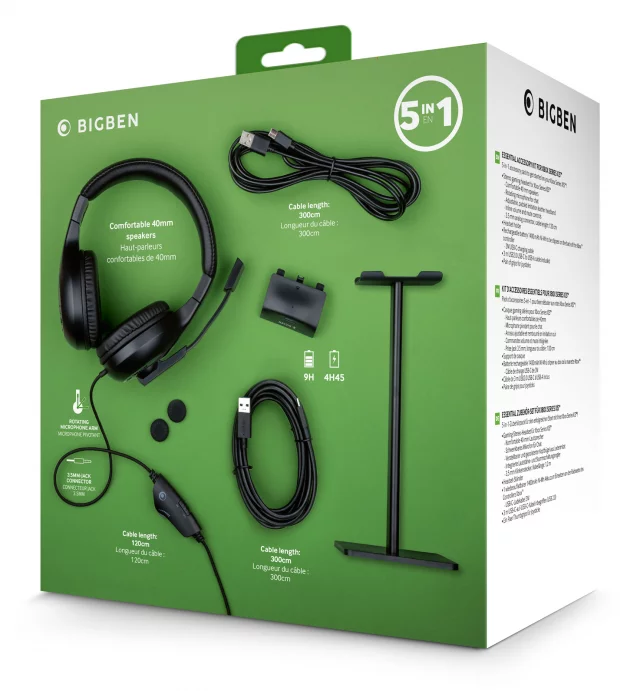 Sada příslušenství BigBen Essential Pack 5v1 pro Xbox Series - Sluchátka + stojánek, baterie, kabel, čepičky na ovladač