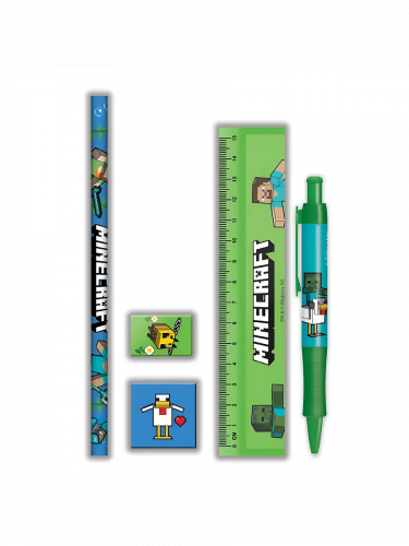Dárkový set Minecraft - Školní potřeby (pravítko, tužka, pero, guma, ořezávátko)