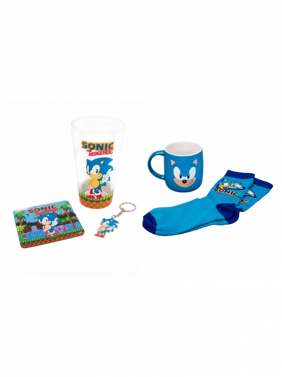 Inexad Výhodný set Sonic - sklenice, hrnek, podtácek, klíčenka a ponožky
