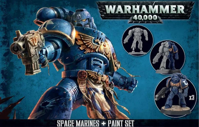 vyprodáno Citadel Space Marines + Paint Set (3 figurky, 8 barev a štětec)