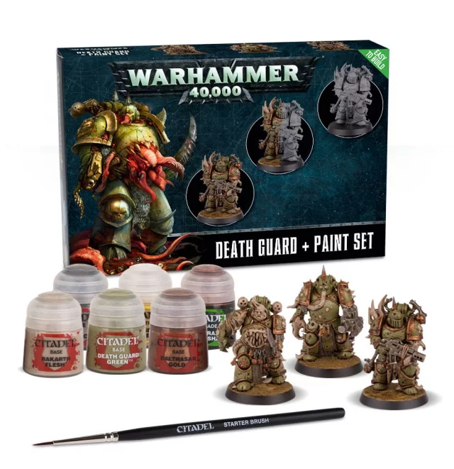 Warhammer 40.000 - Citadel Death Guard + Paint Set (3 figurky, 6 barev a štětec) (poškozený obal)